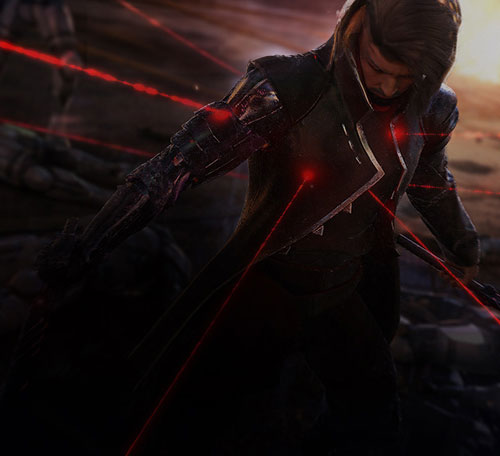 图中一名男子站在黑暗中，其下半身模糊不清，缺乏细节。