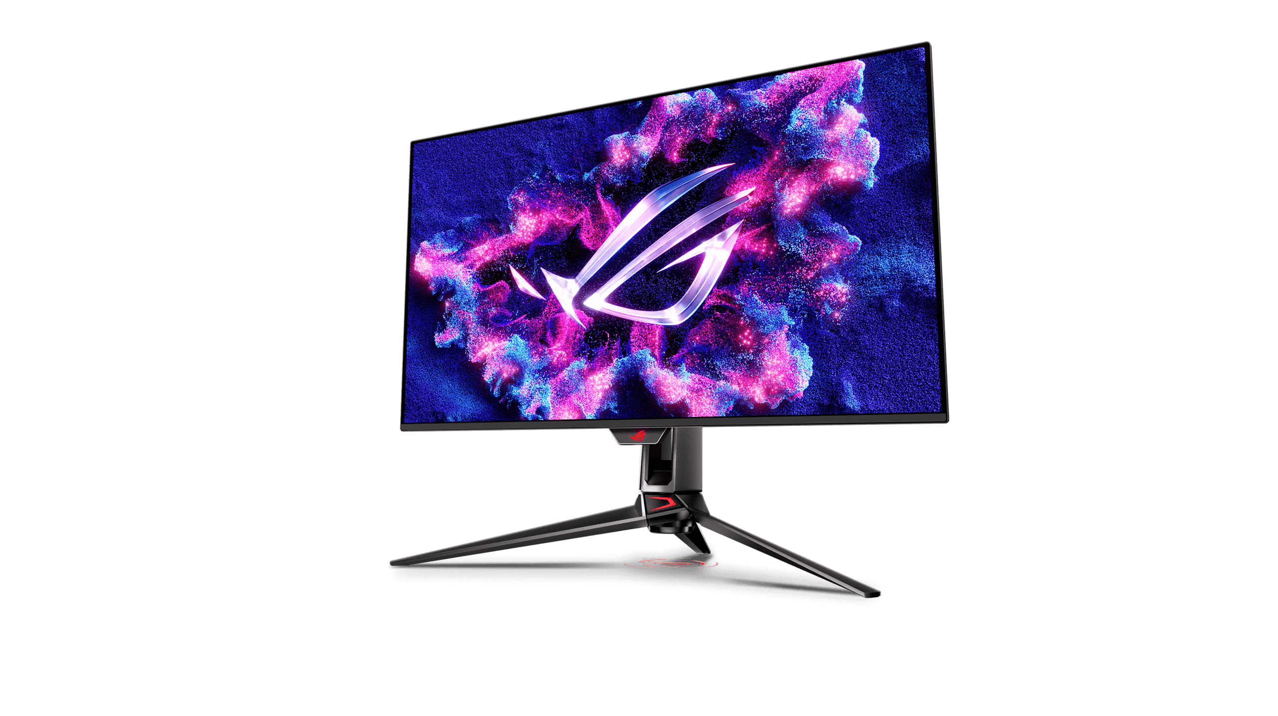 黑暗背景下的 ROG Swift OLED PG32UCDM3 电竞显示器，一束聚光灯从上方照亮。