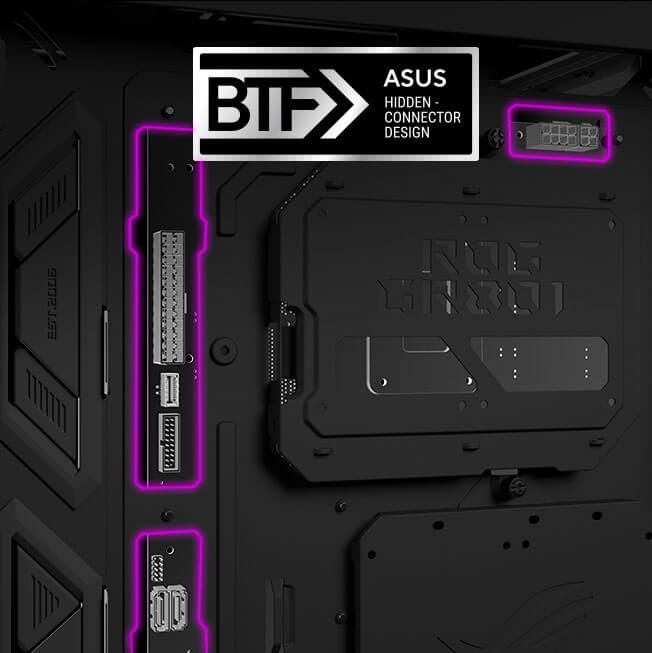 ROG 幻世神背面视图，标示 BTF 背置主板标志