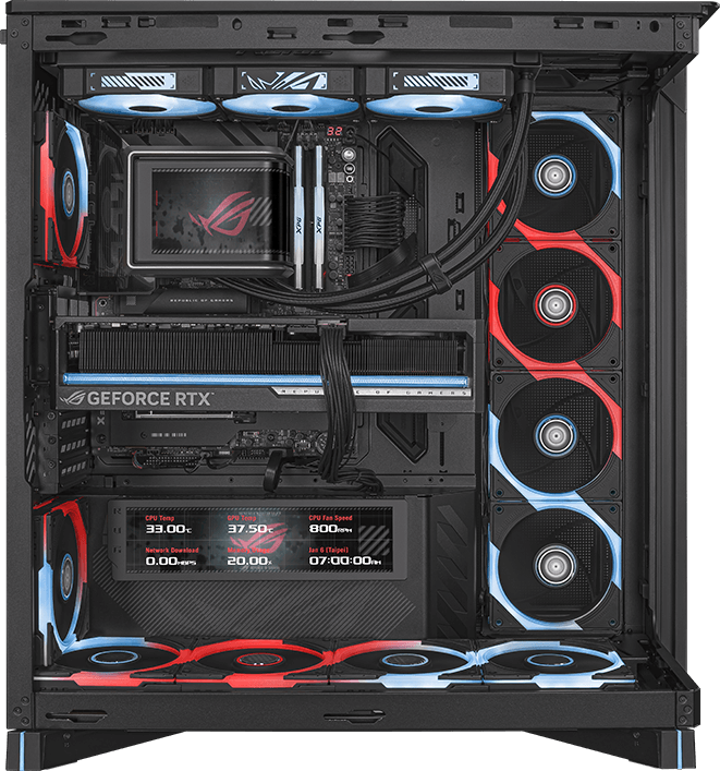 ROG 幻世神侧视图，标示 E-ATX 主板兼容空间