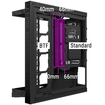 ROG 幻世神右侧视图，展示内部两条理线通道
