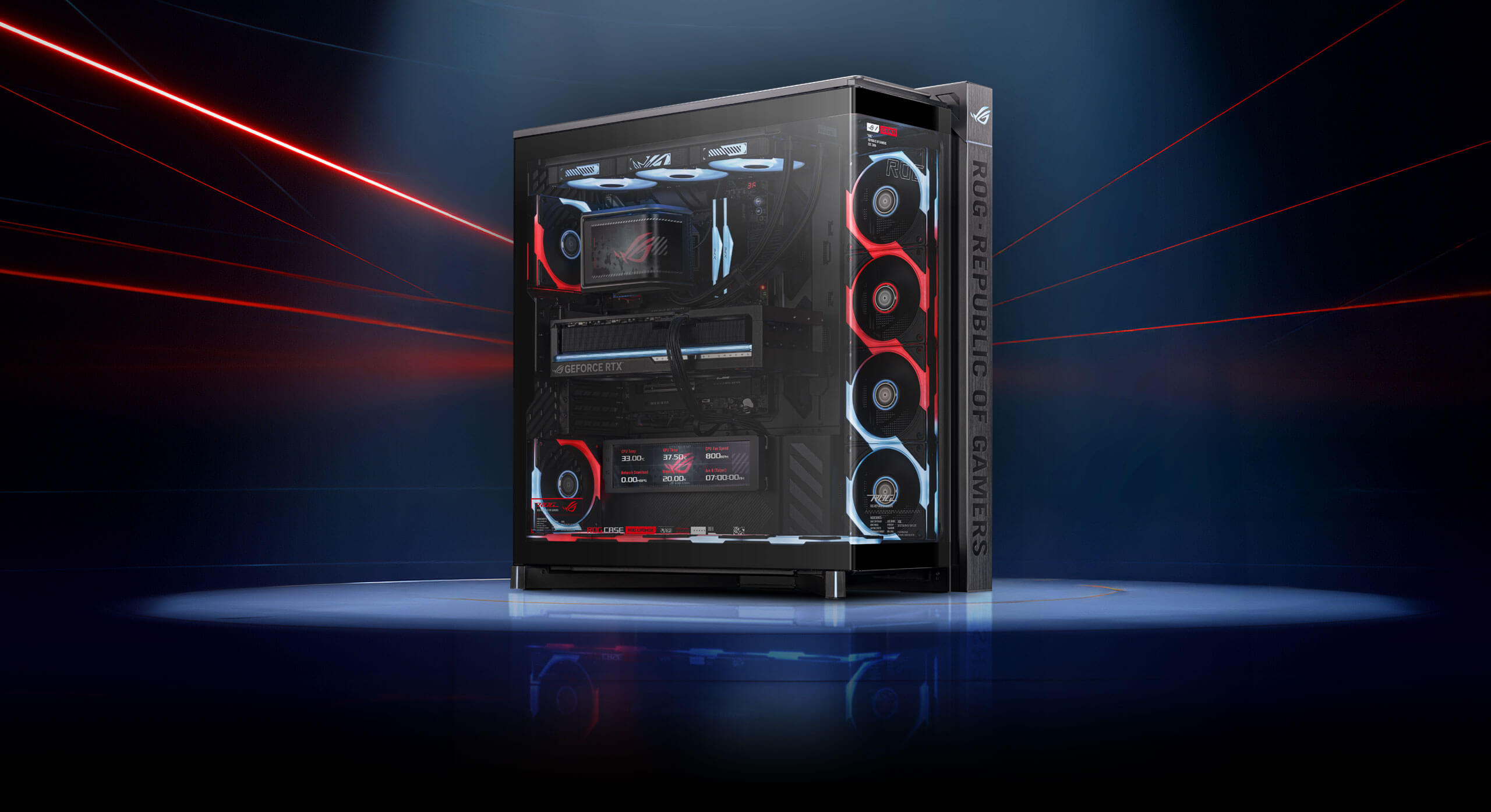 ROG 幻世神计算机装机图，展示发光的内部组件、红色环境背光，以及突显系统核心的聚焦灯光