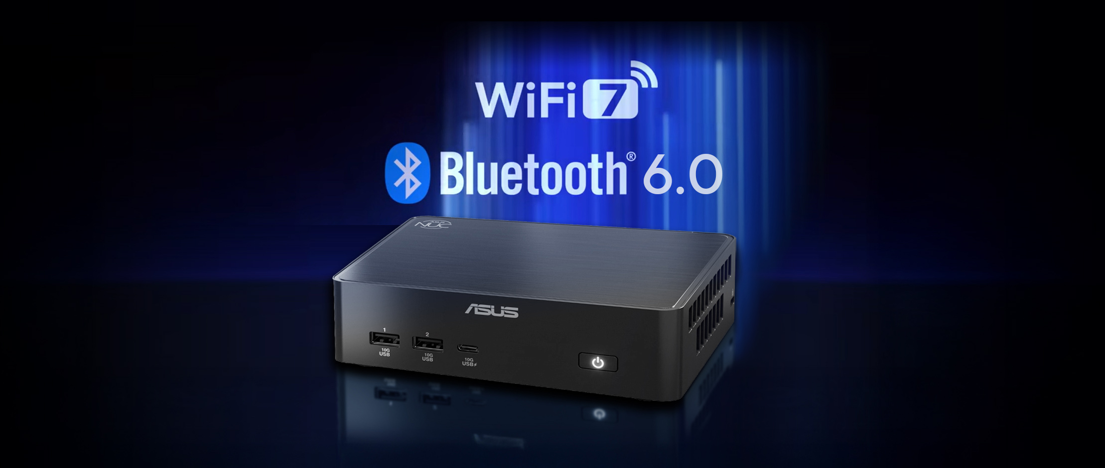 NUC 16 Pro 产品图片，带有 Wi-Fi 7 和蓝牙 6 图标。