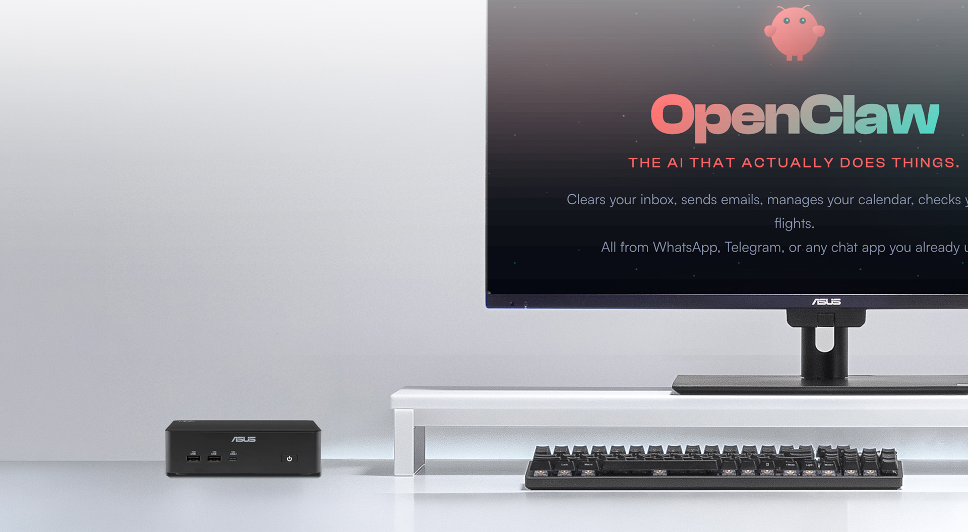 ASUS NUC 16 Pro Mini PC on a desk connected to a monitor. The screen displays 'OpenClaw'.