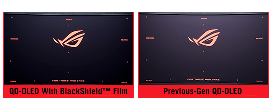 ROG QD-OLED 面板对比：配备 BlackShield 涂层：展示出增强的黑位观感与视觉表现；未配备 BlackShield 涂层：呈现泛紫现象。