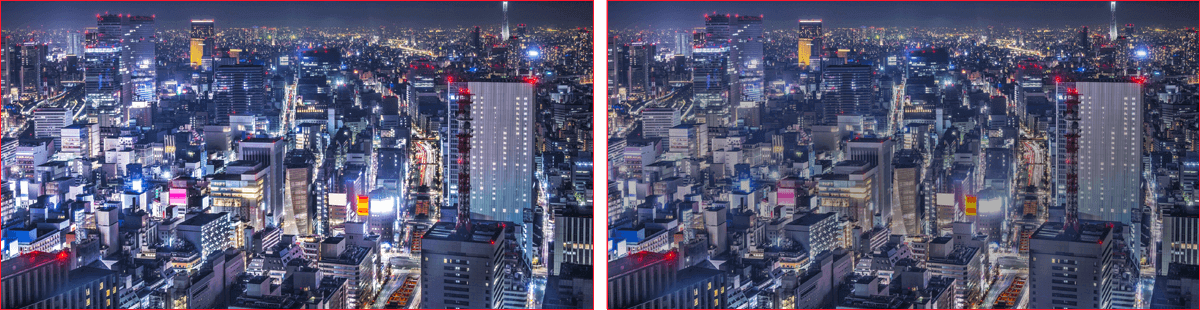 现代都市的夜景。/ 城市景观的夜景，在画面中一些较亮的地方启用了调光效果。