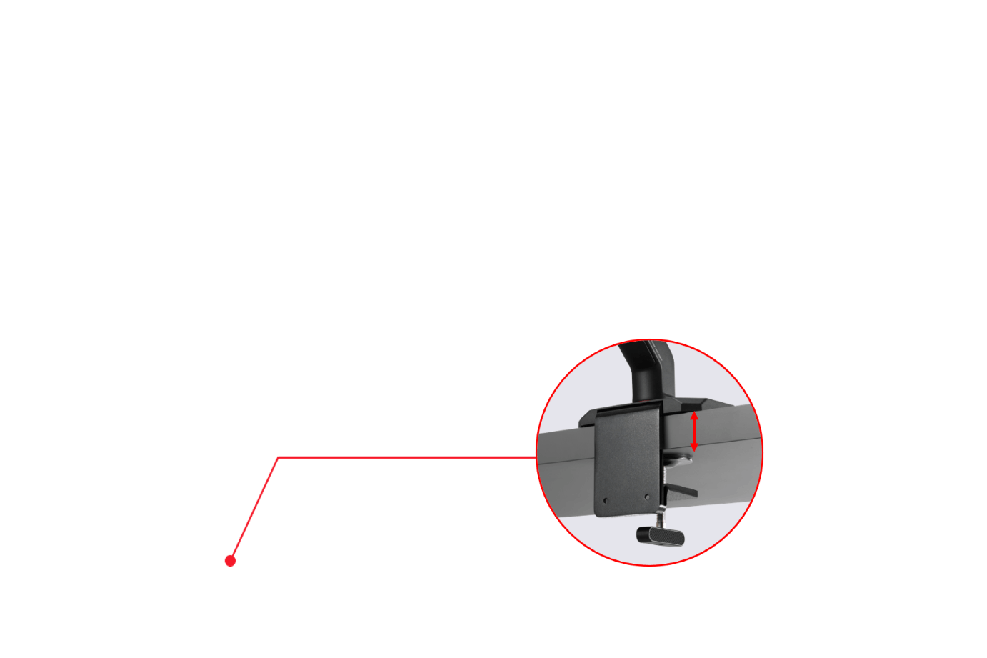 ROG人体工学显示器支架的桌面夹具特写图。