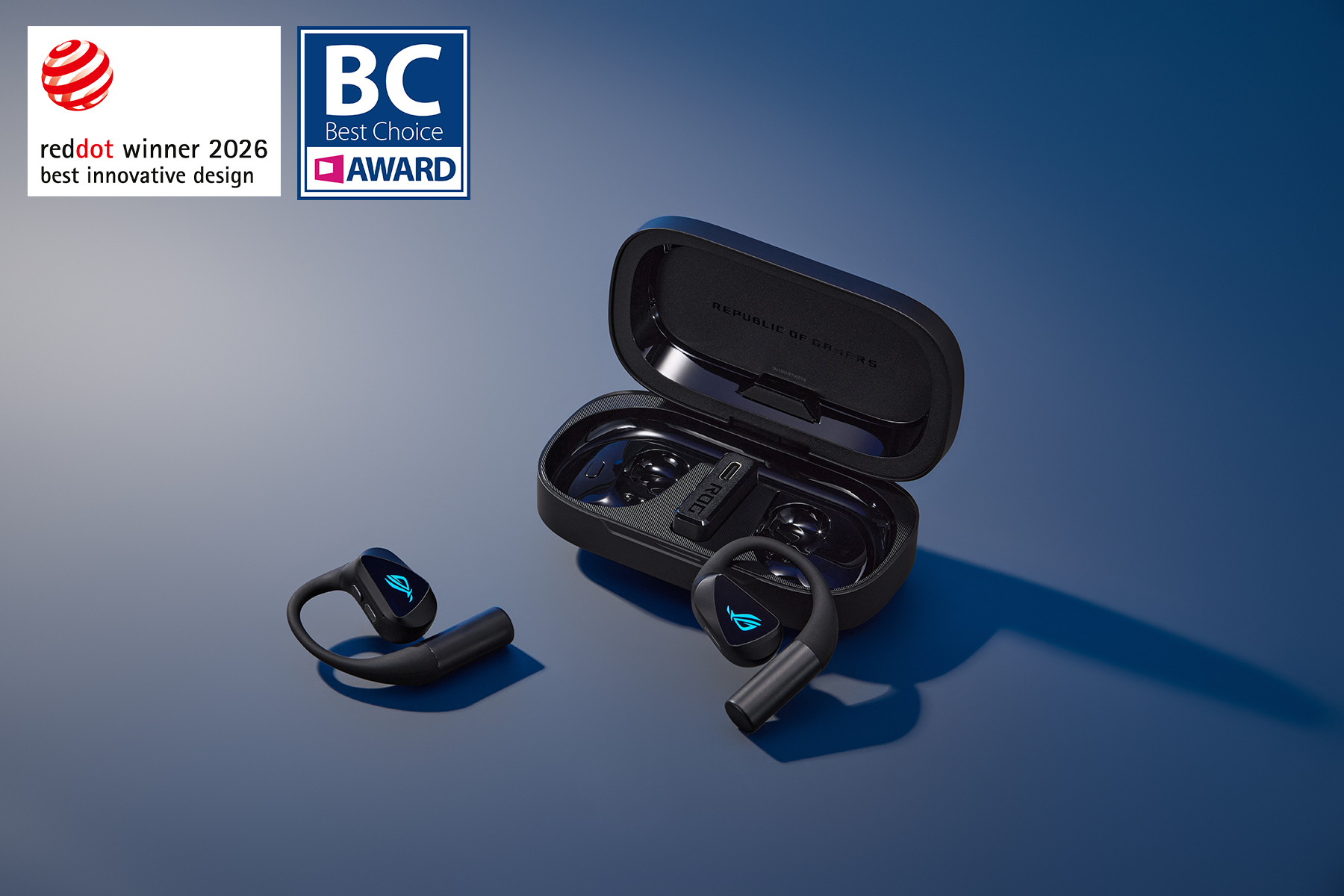 ROG Cetra Open Wireless gaming earbuds with open-ear hooks, earning prestigious 2026 awards from Red Dot for innovative design and BC Best Choice.