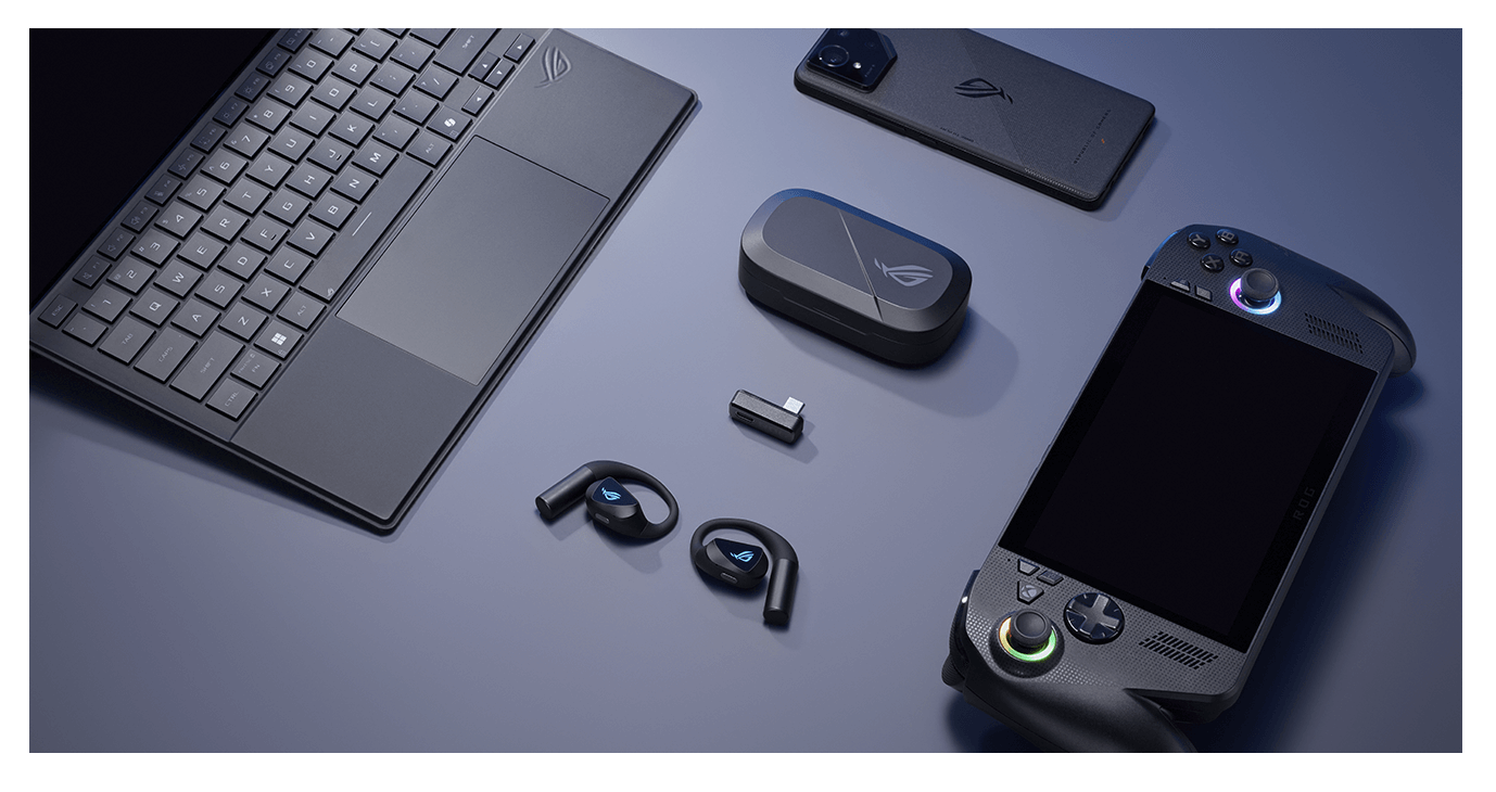ROG 降临OWS 支持蓝牙与 2.4GHz 双模连接，配备接收器、笔电、手机与游戏掌机