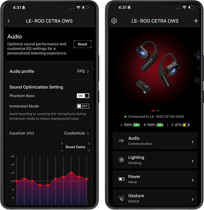 两支智能型手机展示 ROG 降临OWS 的 Gear Link 应用程序自定义接口