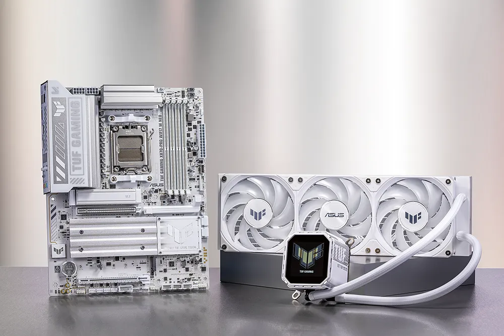 TUF GAMING X870-PRO II 主板直立，旁边是兼容的华硕 AIO 散热器，说明高性能游戏构建的散热器兼容性。