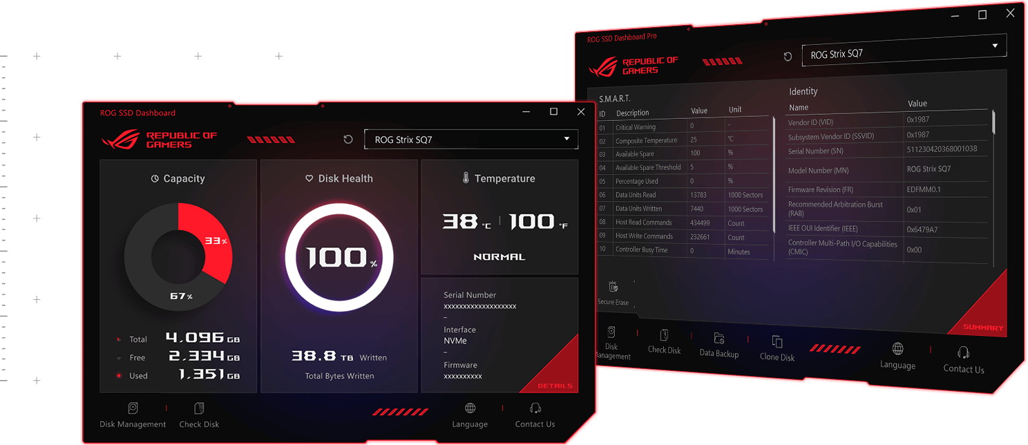 ROG SSD Dashboard 接口展示实时硬盘健康度、温度与详细驱动器信息监控