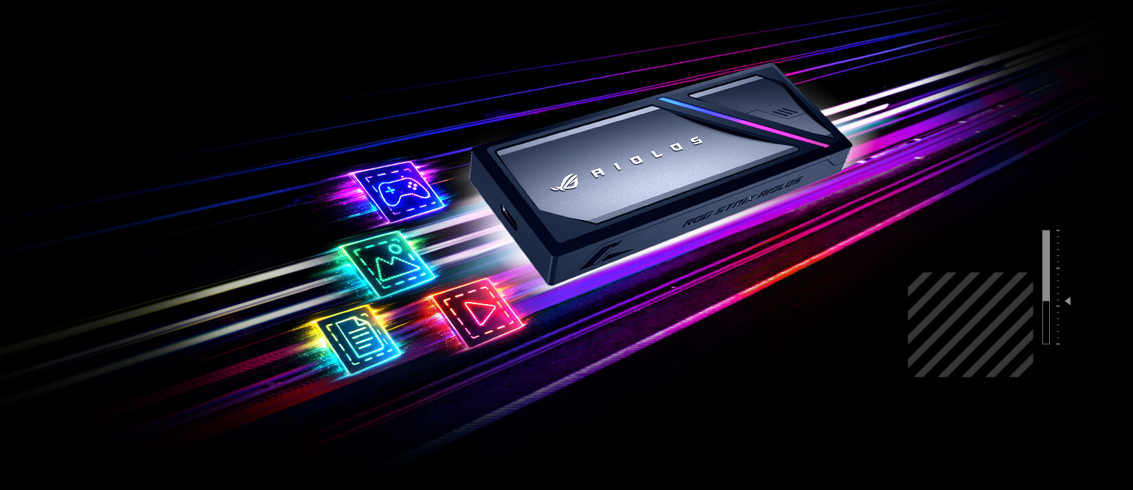 ROG 幻影二代便携式 SSD 硬盘盒展示 USB 3.2 Gen 2x2 高达 20Gbps 的数据传输性能