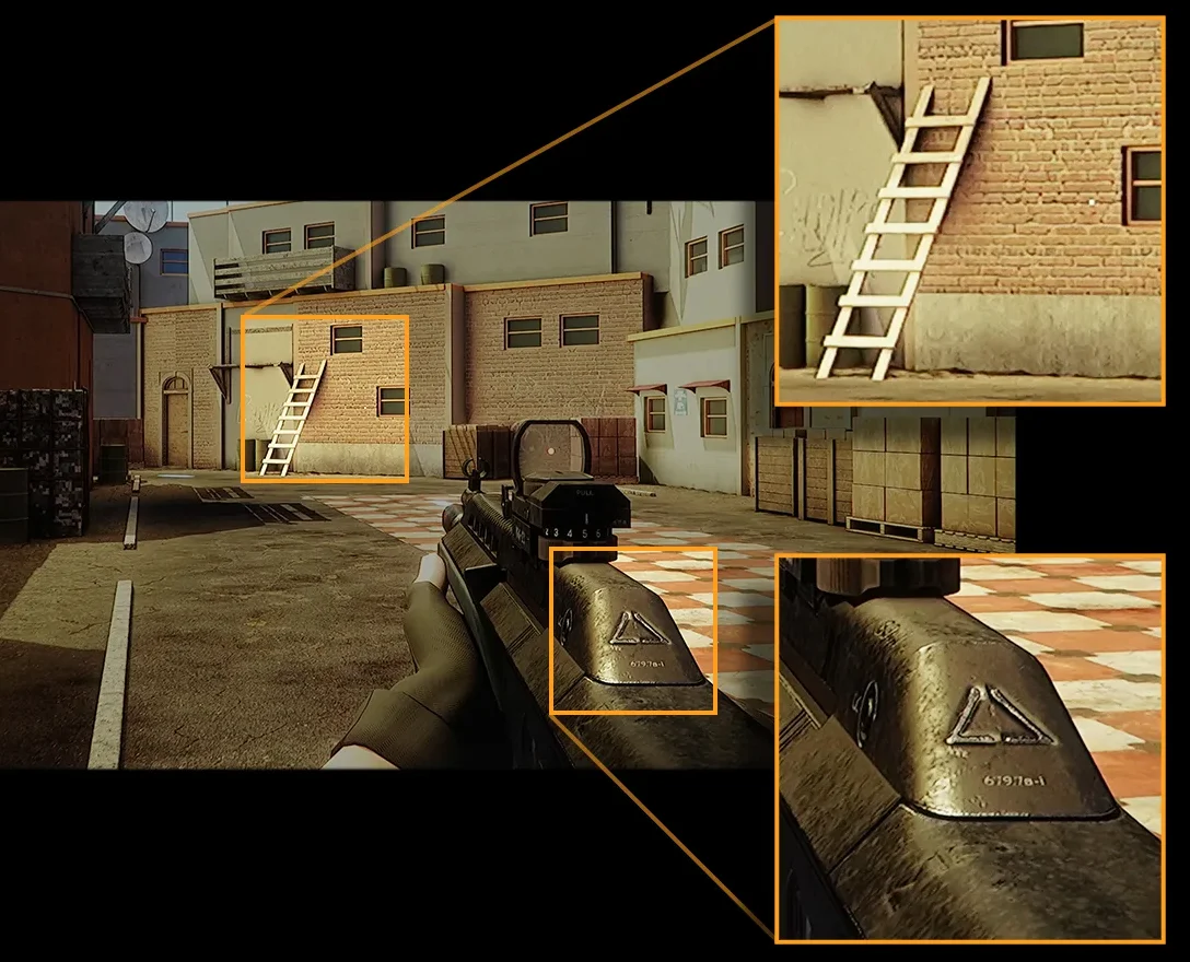 标注&ldquo;SMART PIXEL ON&rdquo;的游戏截图，展示了图像增强技术的效果。放大后的细节明显更加清晰锐利。纹理分明，边缘锐利，呈现出较高的视觉清晰度与细节表现。