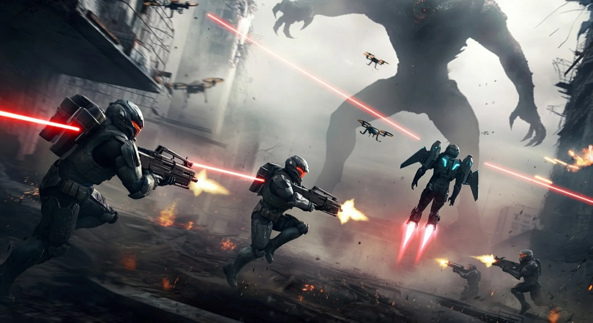 废墟城市中的未来全副武装战士，正使用能量武器攻击巨型外星生物，空中充斥着无人机与激光束。