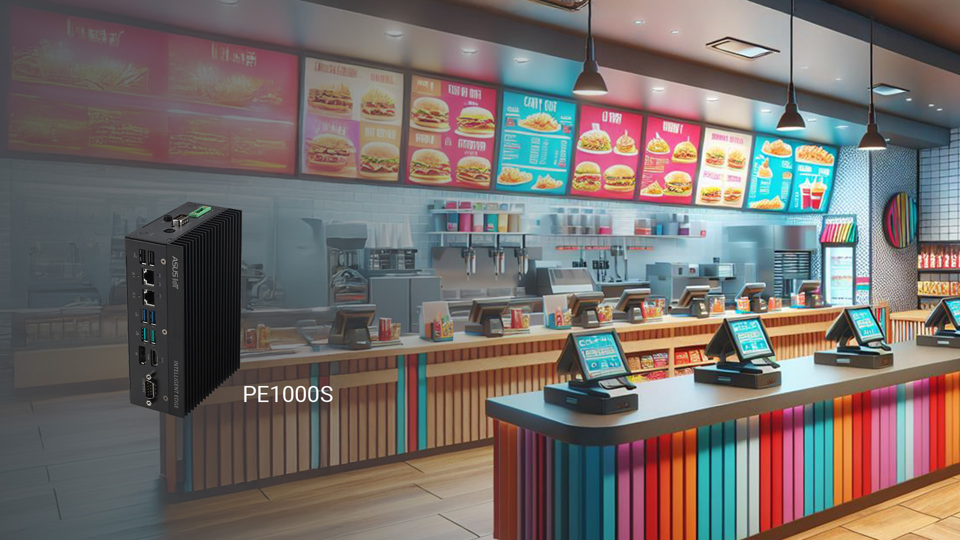 Fast-food restaurant counter with digital menu boards and ordering screens, featuring an overlaid ASUS IoT PE1000S industrial computer used for reliable e-menu operations.