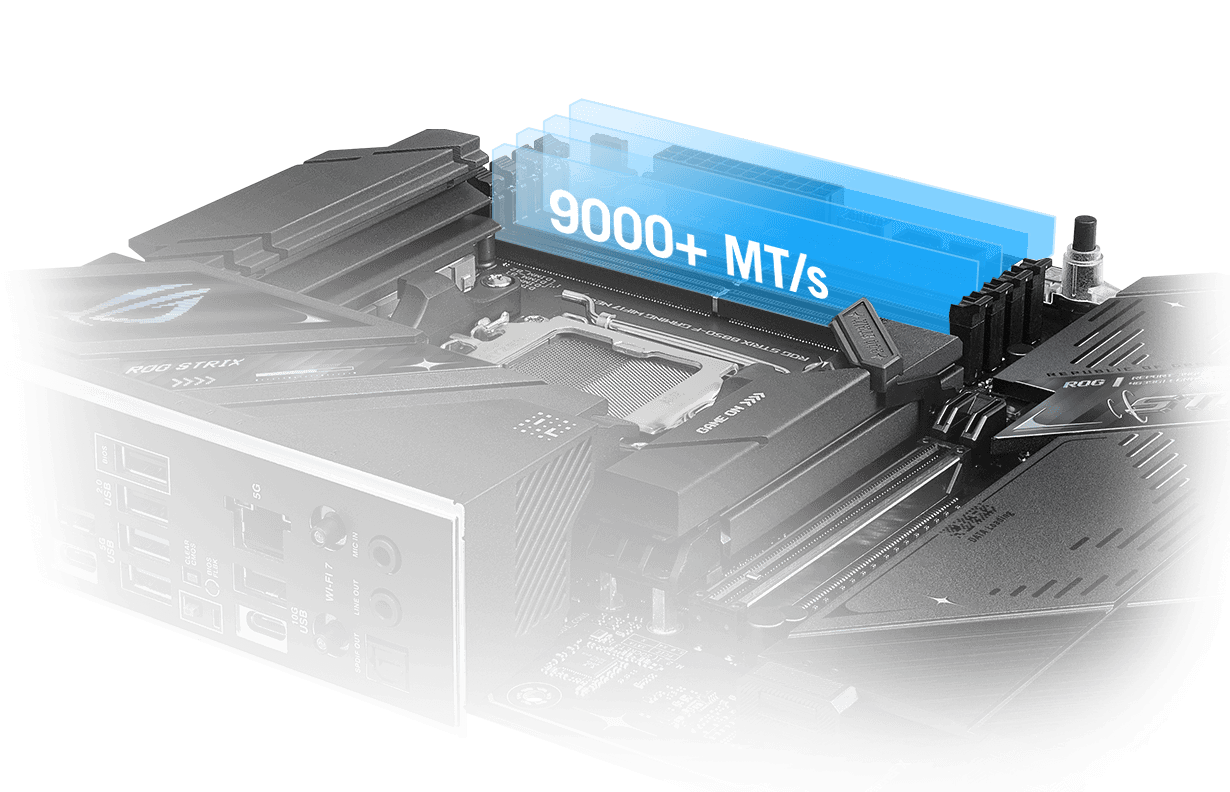 ROG STRIX B850-F GAMING WIFI7 Neo 主板支持内存超频至9000+ MT/s。