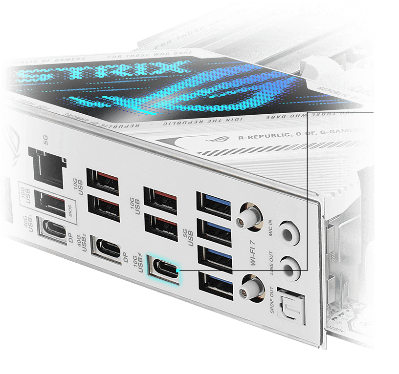 Strix X870E-A 主板配备 USB 10Gbps 后置I/O端口，支持30W充电。