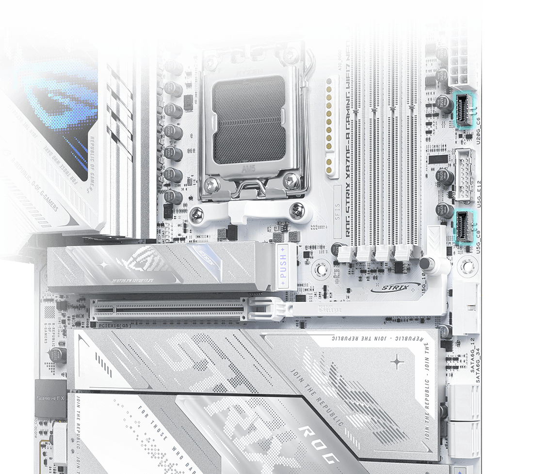 Strix X870E-A 主板配备 USB 10Gbps 后置I/O端口，支持30W充电。