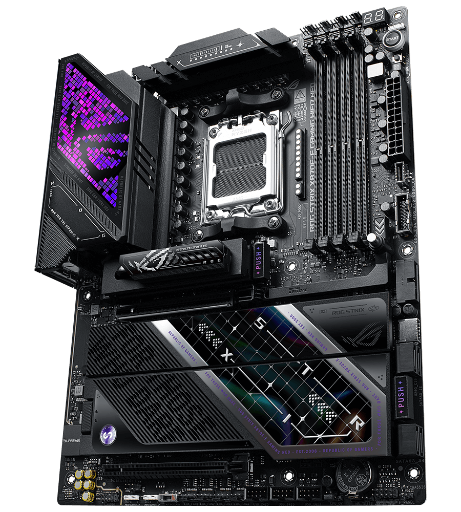 重点展示 ROG Strix X870E-E Gaming WiFi7 Neo 的 PCIe 5.0 M.2 接口及扩展插槽布局，共计 24 条 PCIe 5.0 通道