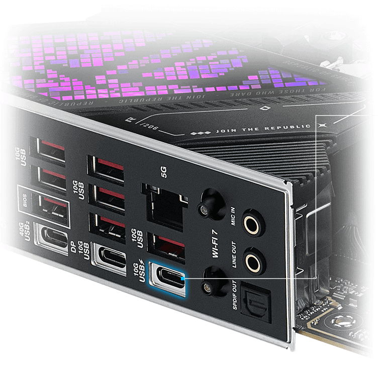 重点展示 ROG Strix X870E-E Gaming WiFi7 Neo 主板上的三个 USB 2.0 接口,以及一体式水冷散热器、机箱风扇和第三方组件的图标