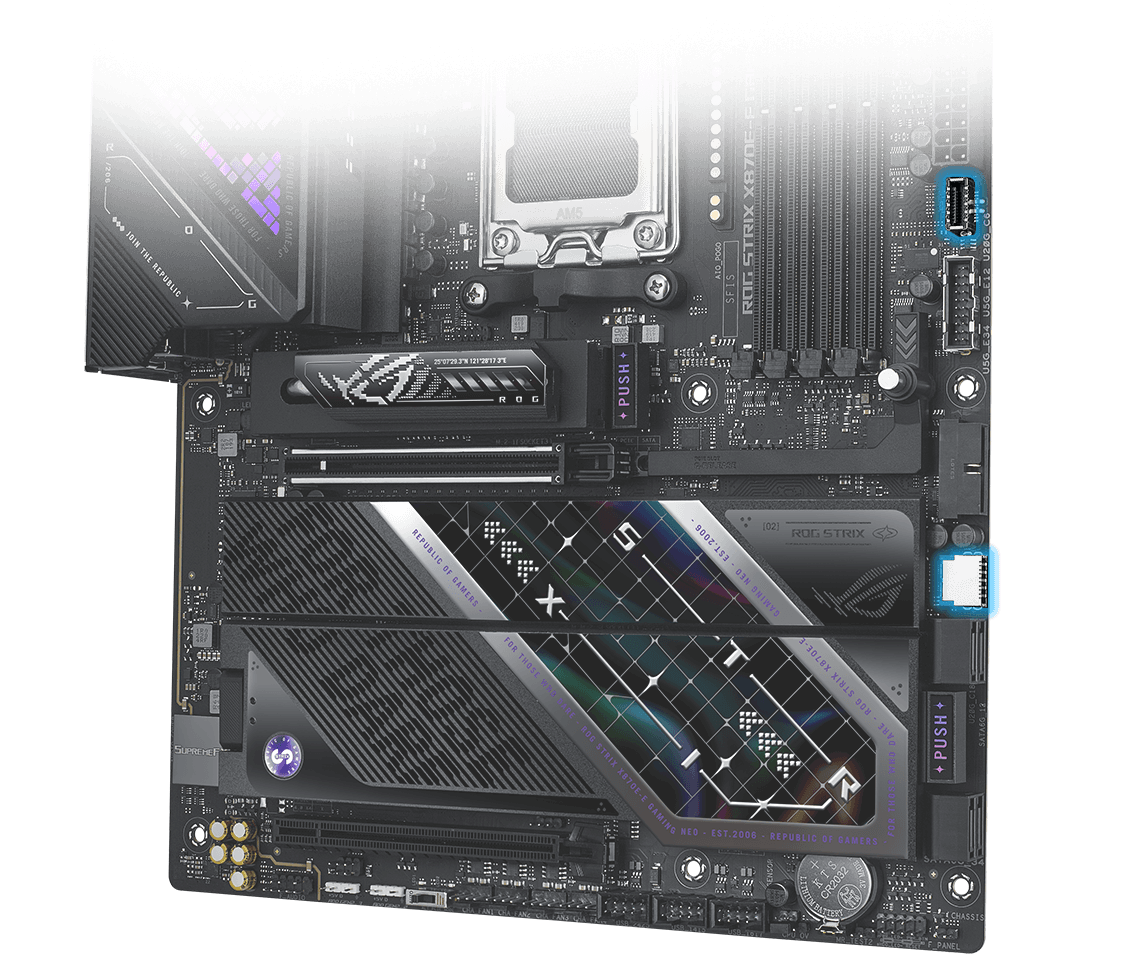 重点介绍 ROG Strix X870E-E Gaming WiFi7 Neo 主板上的两个 20Gbps USB Type-C® 前面板接口，以及 ROG Strix Helios II