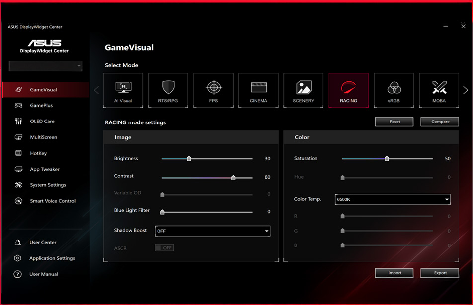 全新 ASUS DisplayWidget Center UI 屏幕截图，显示系统设定、OLED 功能等。