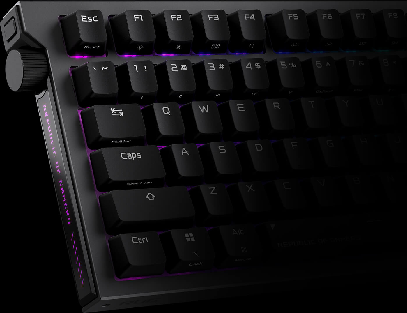 ROG Strix Morph 96 Wireless front view to the right with focus on the multi-function button & knob.