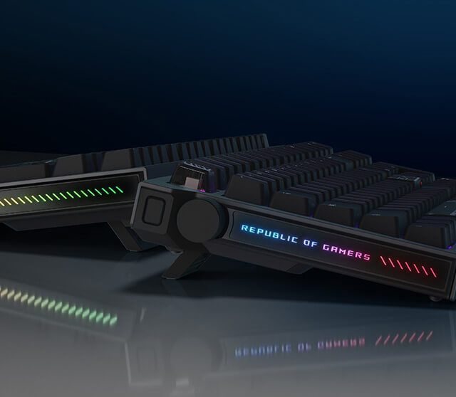 Two ROG Strix Morph 96 Wireless gaming keyboards showcasing left and right-side lighting effects