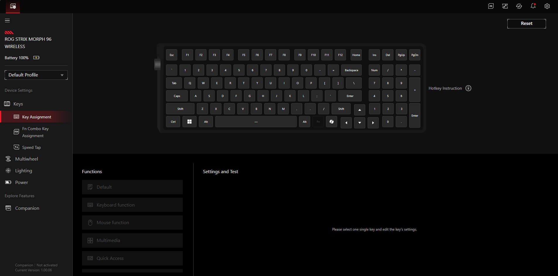 Gear Link user interface, allowing for setting the Strix Morph 96 Wireless