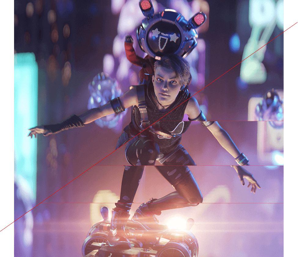 两个角色骑乘飞行气垫板的影像,其中一个角色的身体在 VRR 技术关闭时会出现一些画面撕裂的情况。