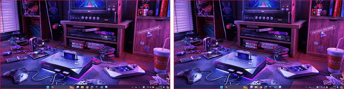 显示两张 deskto 屏幕截图的对比图。左边的任务栏是 noraml;右边的任务栏则是透明效果。