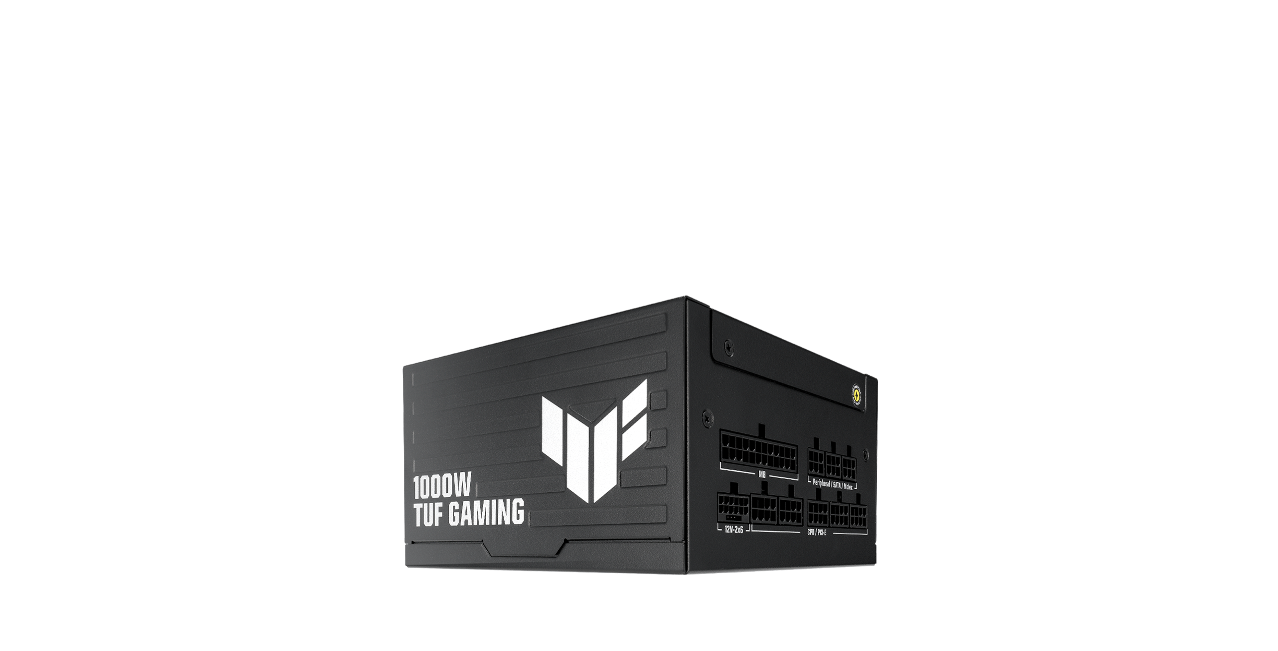 一款 TUF GAMING 白金重炮手电源系列,置于质感光滑的深色背景之上,边缘饰以光效。