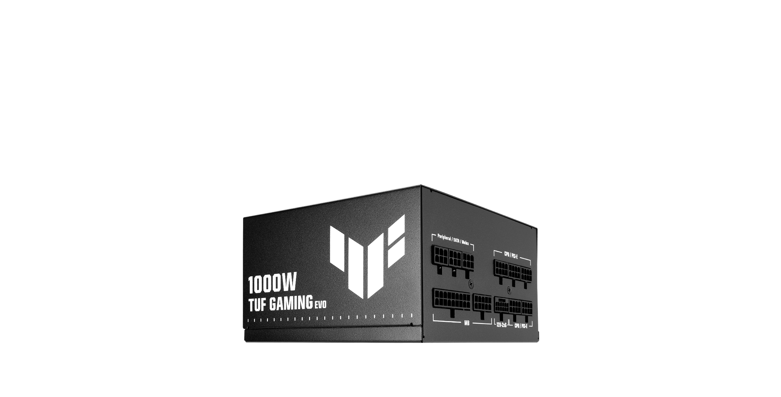 一款 TUF GAMING 装弹手 1000W EVO 电源，置于质感光滑的深色背景之上，边缘饰以光效。