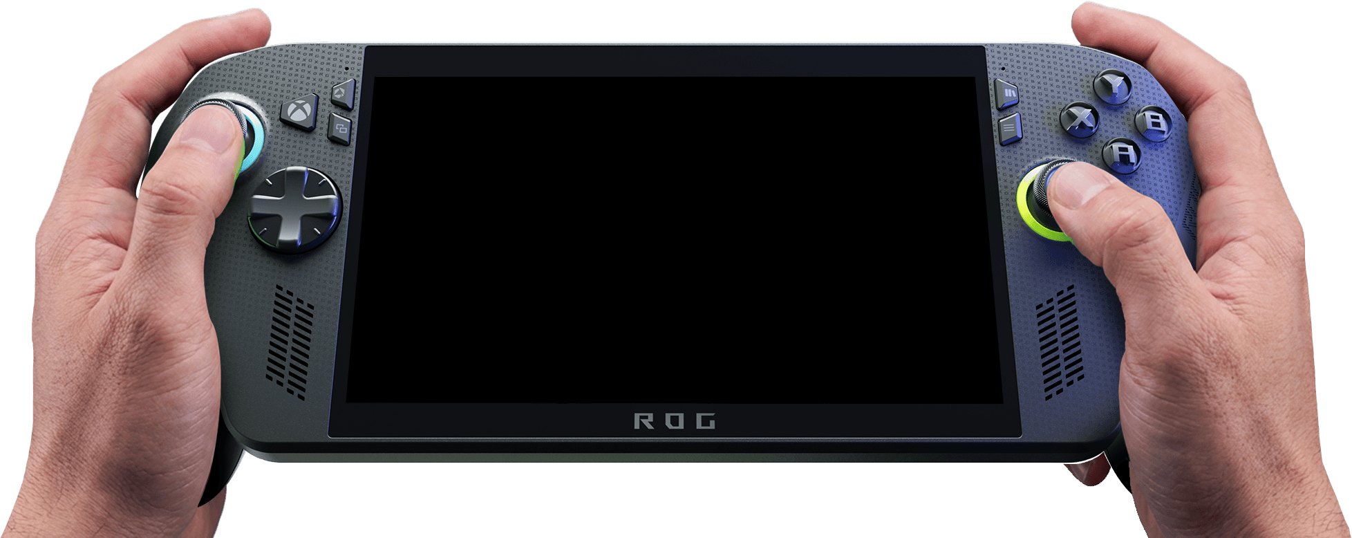 双手握持 ROG 游戏设备。