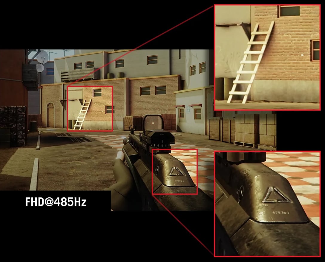 以下是三行英文简述：游戏中 FPS 截图标注 SMART PIXEL OFF.放大后的红色方框突显了木梯和武器上模糊的细节。