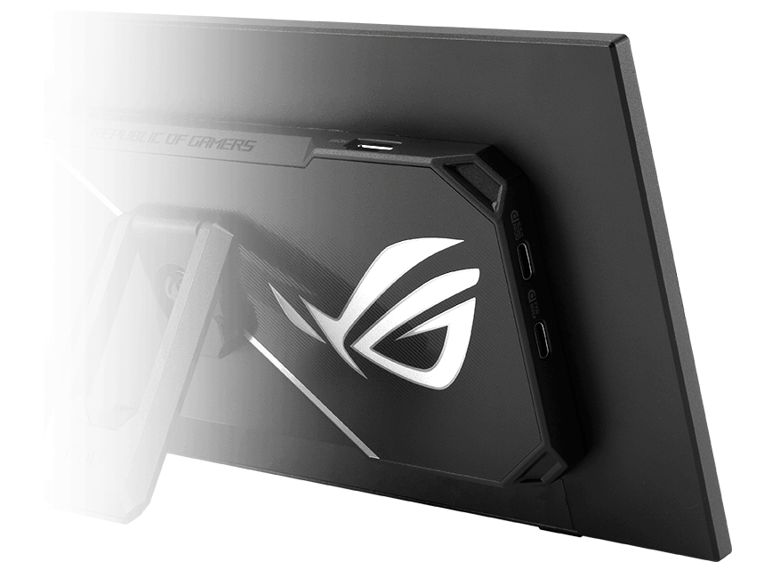 一张图片显示了 ROG XG129C 便携式显示器背面的不同接口，图中突出显示了一个 HDMI 接口和两个 USB-C 接口。