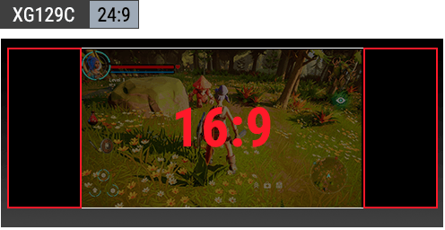 并排显示图像,以显示 32:9 显示器和 24:9 ROG XG129C 显示器在显示 16:9 游戏内容时更宽的黑色侧边栏。