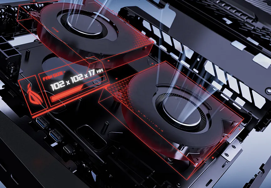ROG NUC 16 采用三风扇散热设计，每个风扇尺寸为 102×102×17 毫米