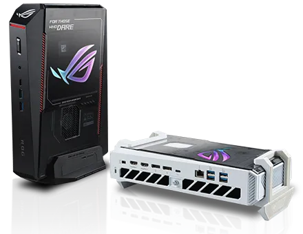ROG NUC 16 黑白配色,置于星光紫色背景前,伴有气流效果
