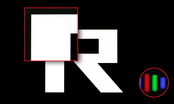 RGB Stripe 子像素排列特写，文字边缘清晰锐利。标注为&ldquo;配备 RGB STRIPE PIXEL&rdquo;