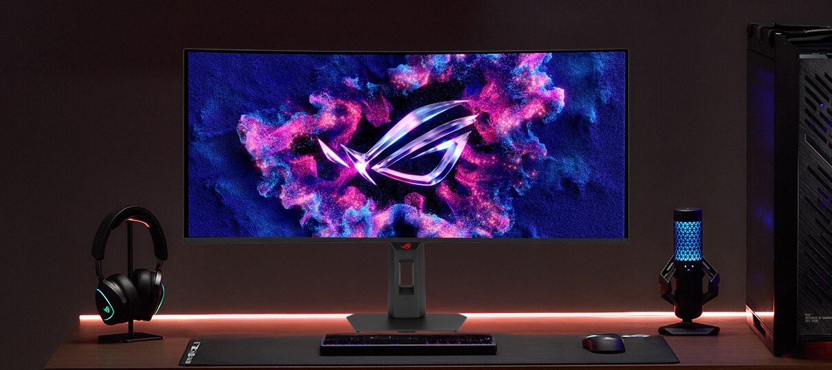 ROG QD-OLED 面板对比：配备 BlackShield Film：展示出增强的黑位观感与视觉表现；未配备 Blackshield Film：呈现泛紫现象。