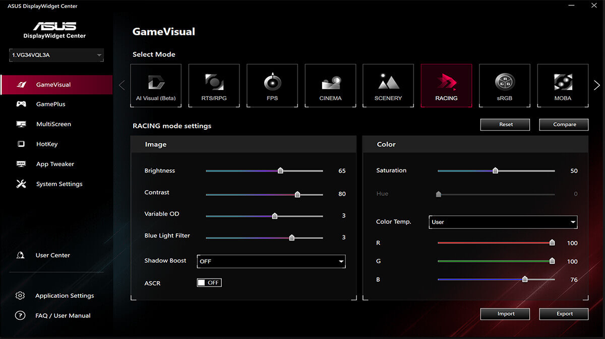 展示全新 ASUS DisplayWidget Center 系统设置界面的截图.