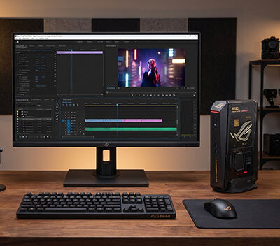 ROG NUC edition 20 next to a monitor showing creator workflows