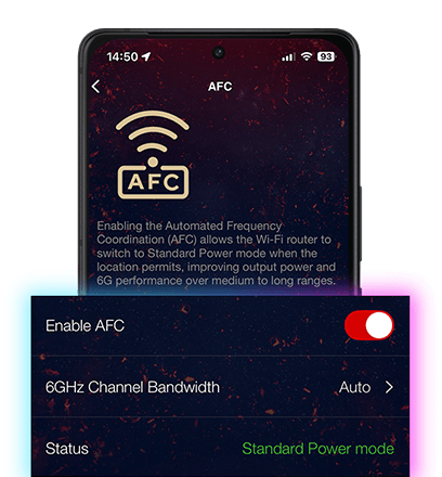 华硕路由器移动应用中显示的AFC设置,其中“启用AFC”开关处于开启状态。