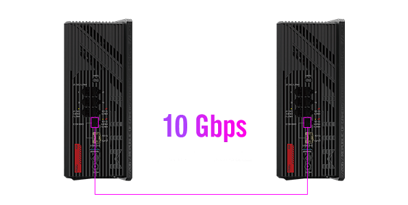 两台 ROG 魔盒Pro Max 设备通过一条标有“最高 2.5 Gbps 有线回程”字样的紫色线缆连接