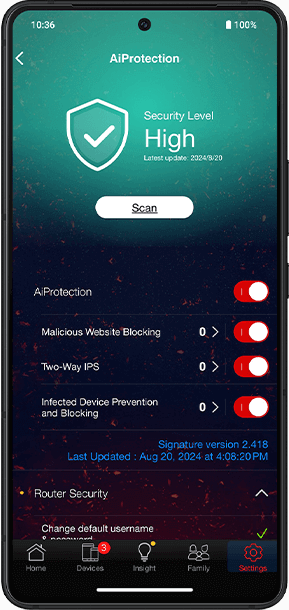 智能手机屏幕显示华硕AiProtection安全应用程序的整体安全状态为“高”。