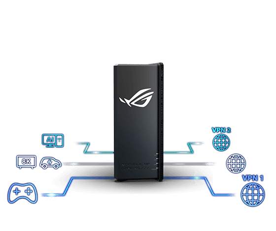 ROG Strix GS7 Air连接游戏、8K、AI、汽车图标及两个VPN地球仪。