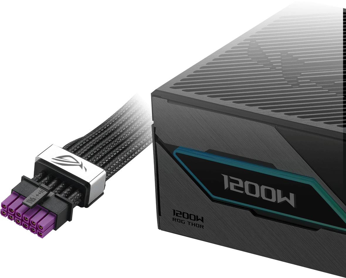 Close-up of a ROG Thor III 1200W Platinum power supply unit with a ROG Equalizer 12V-2x6 PCIe cable, showcasing a sleek, futuristic design against a dark backdrop.
