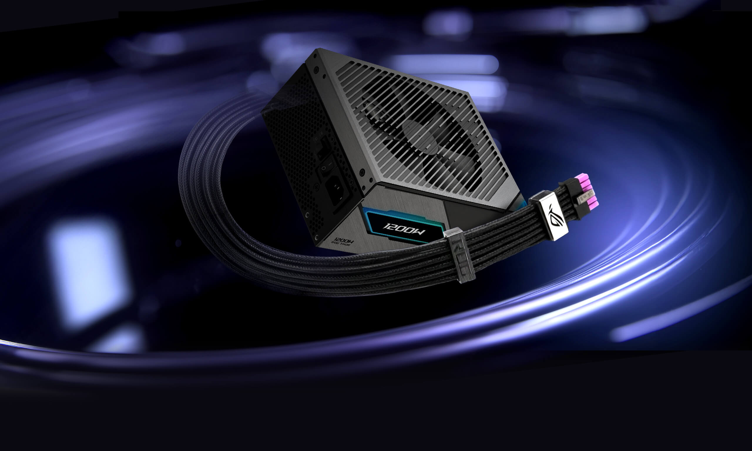 A ROG Thor III 1200W Platinum rests above a glowing purple surface. The ROG Equalizer 12V-2x6 PCIe cable extends from it, highlighting in the front.